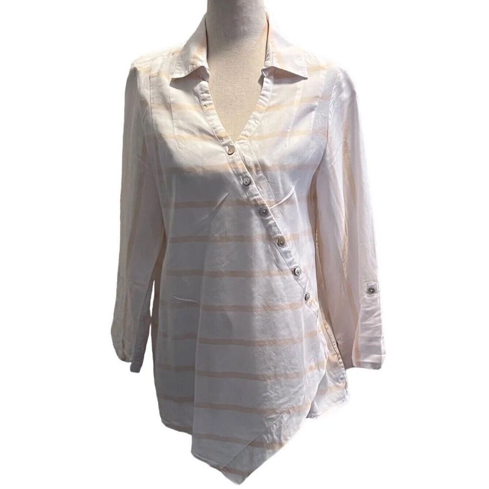 Soft Surroundings Top Womens PXSMALL White Orange Stripe Asymmetric Button Tunic